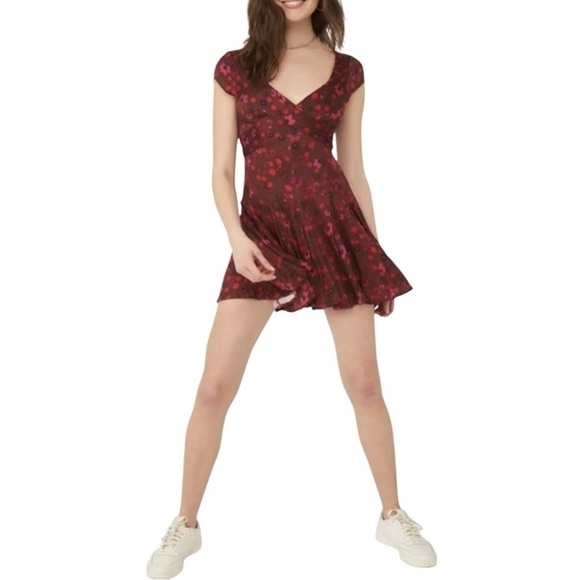 FREE PEOPLE It Takes Two Crossover Woven Skater Dress In Plum Combo Size XS NWOT - Picture 14 of 15